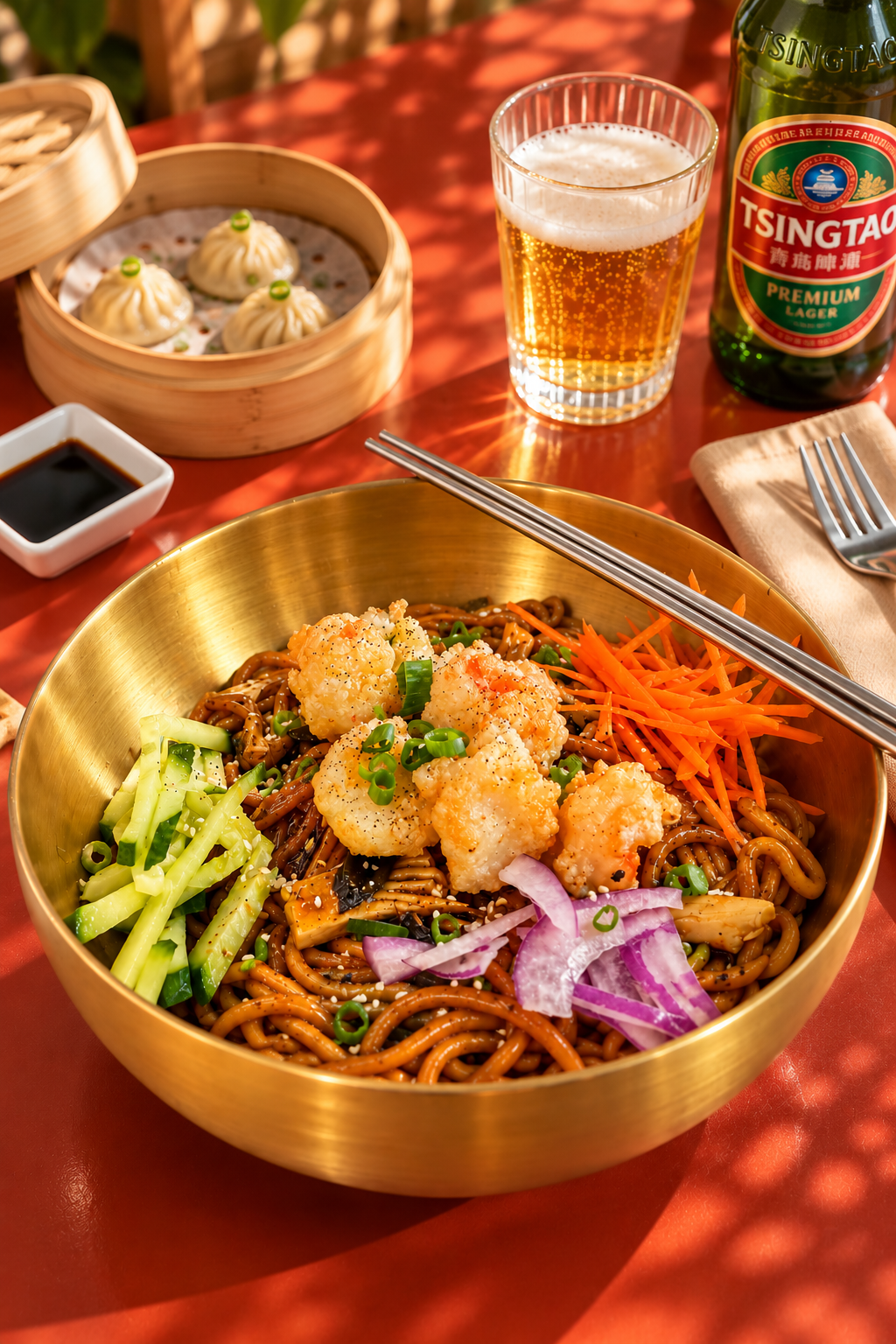 Nouilles dorées, raviolis et bière Tsingtao